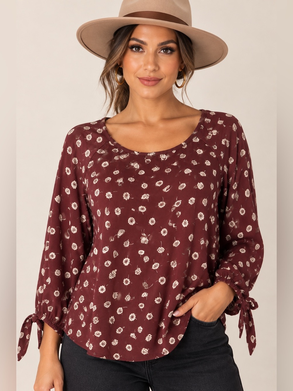 Papermoon Burgundy Floral Tie-Sleeve Blouse